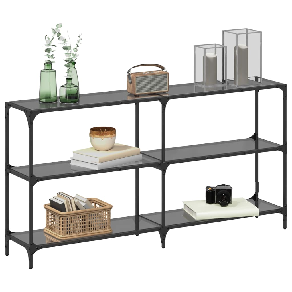Sleek Black Glass Console Table - Steel Frame, 158.5x30x81 cm