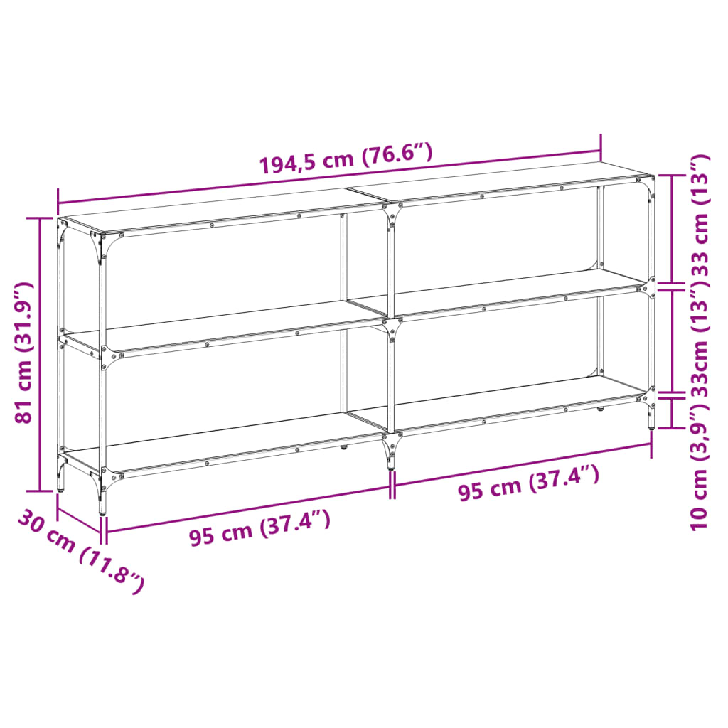 Sleek Steel Console Table with Black Glass Top 194.5x30x81 cm