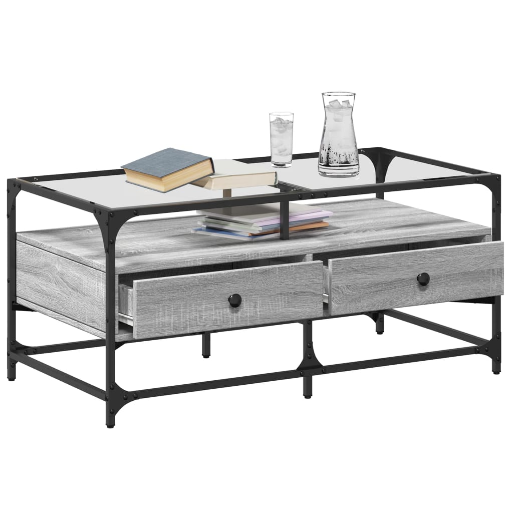 Coffee Table with Glass Top Grey Sonoma 98.5x50x45 cm Steel