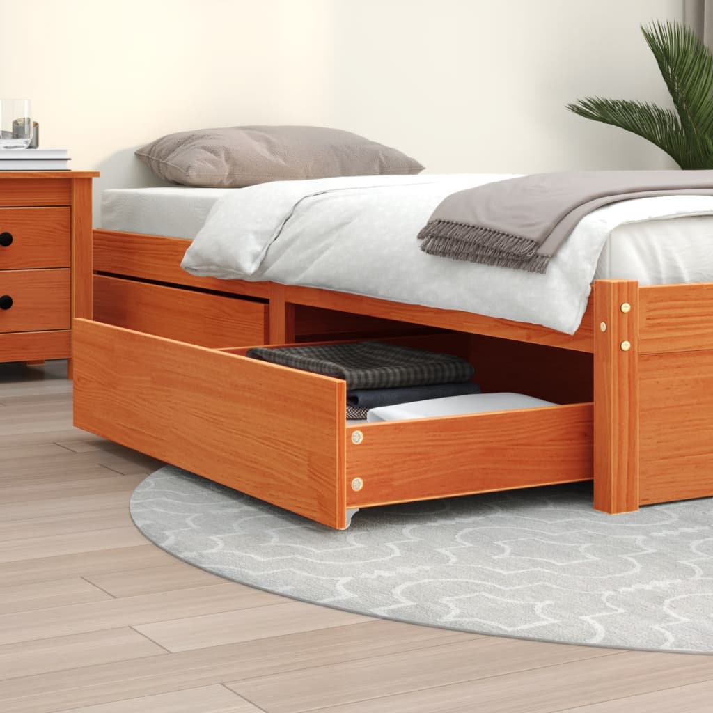 Solid Pine Wood Bed Drawers 2 Pcs - Wax Brown Finish