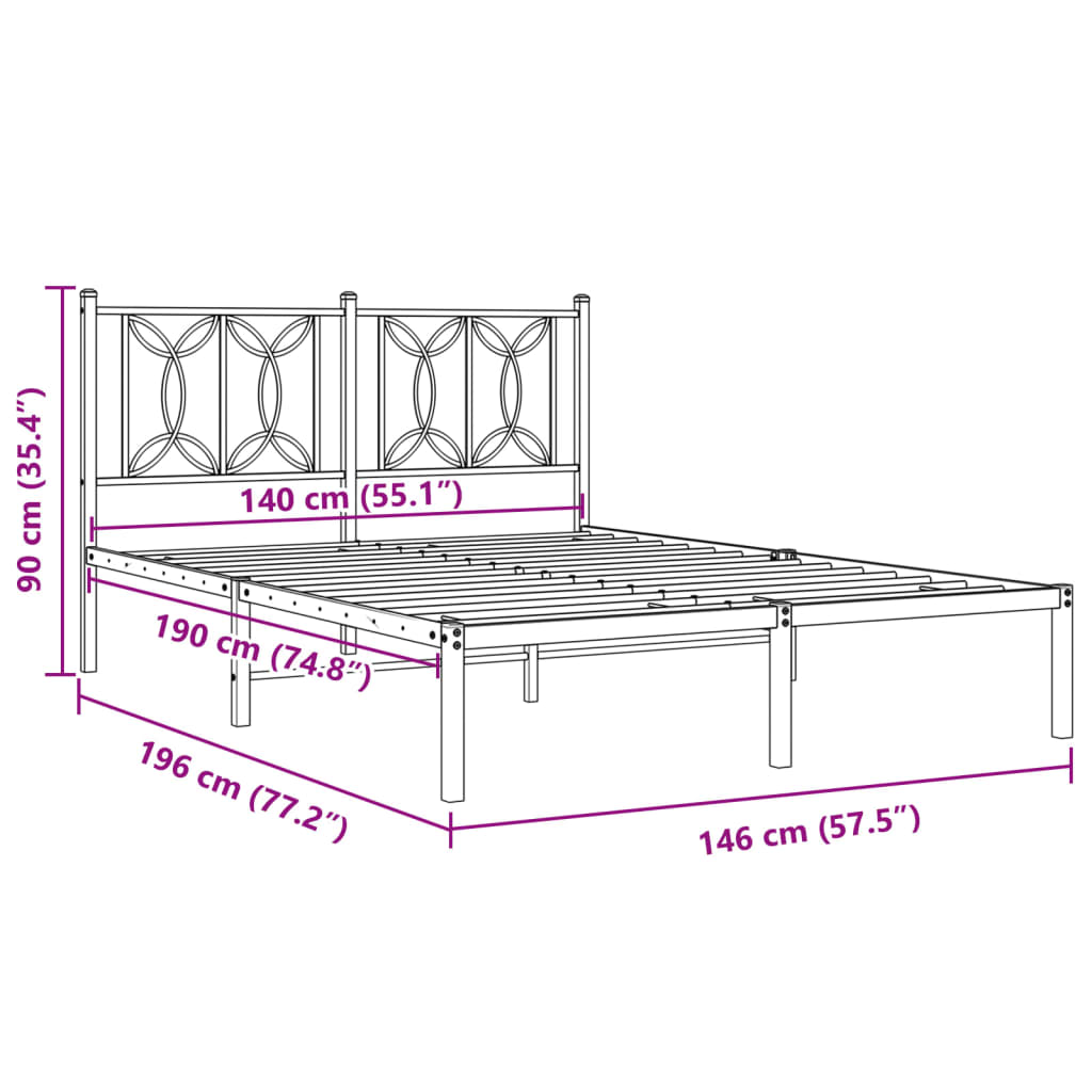 Black Metal Bed Frame with Headboard - 140x190cm, No Mattress