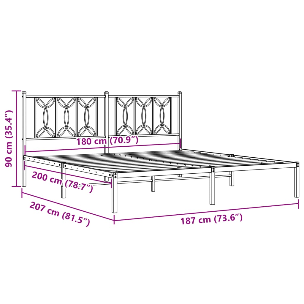 Black Metal Bed Frame with Headboard - 180x200cm, No Mattress