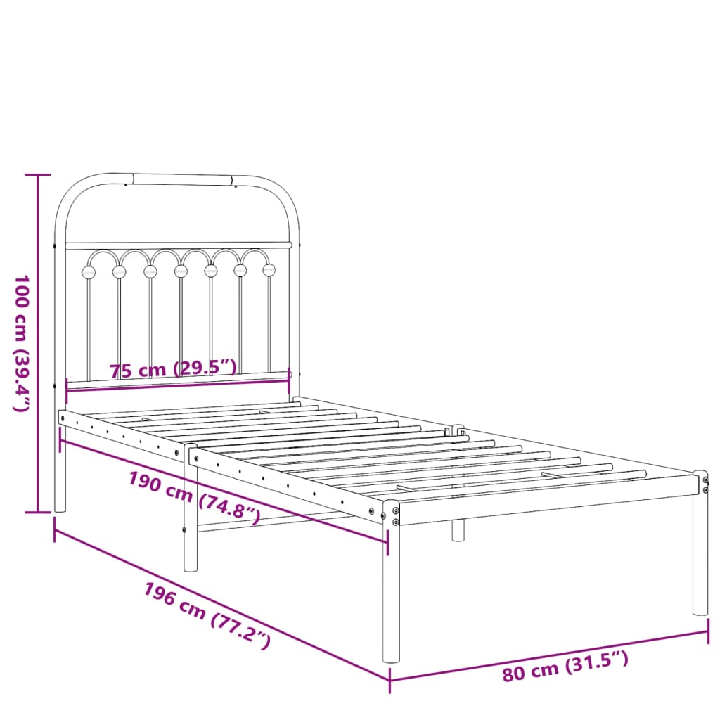 White Metal Bed Frame with Headboard - 75x190cm, No Mattress
