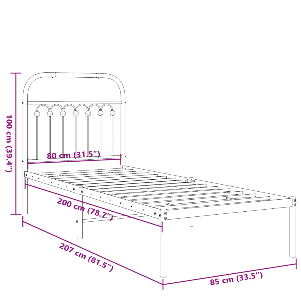 White Metal Bed Frame with Headboard 80x200cm - No Mattress Included