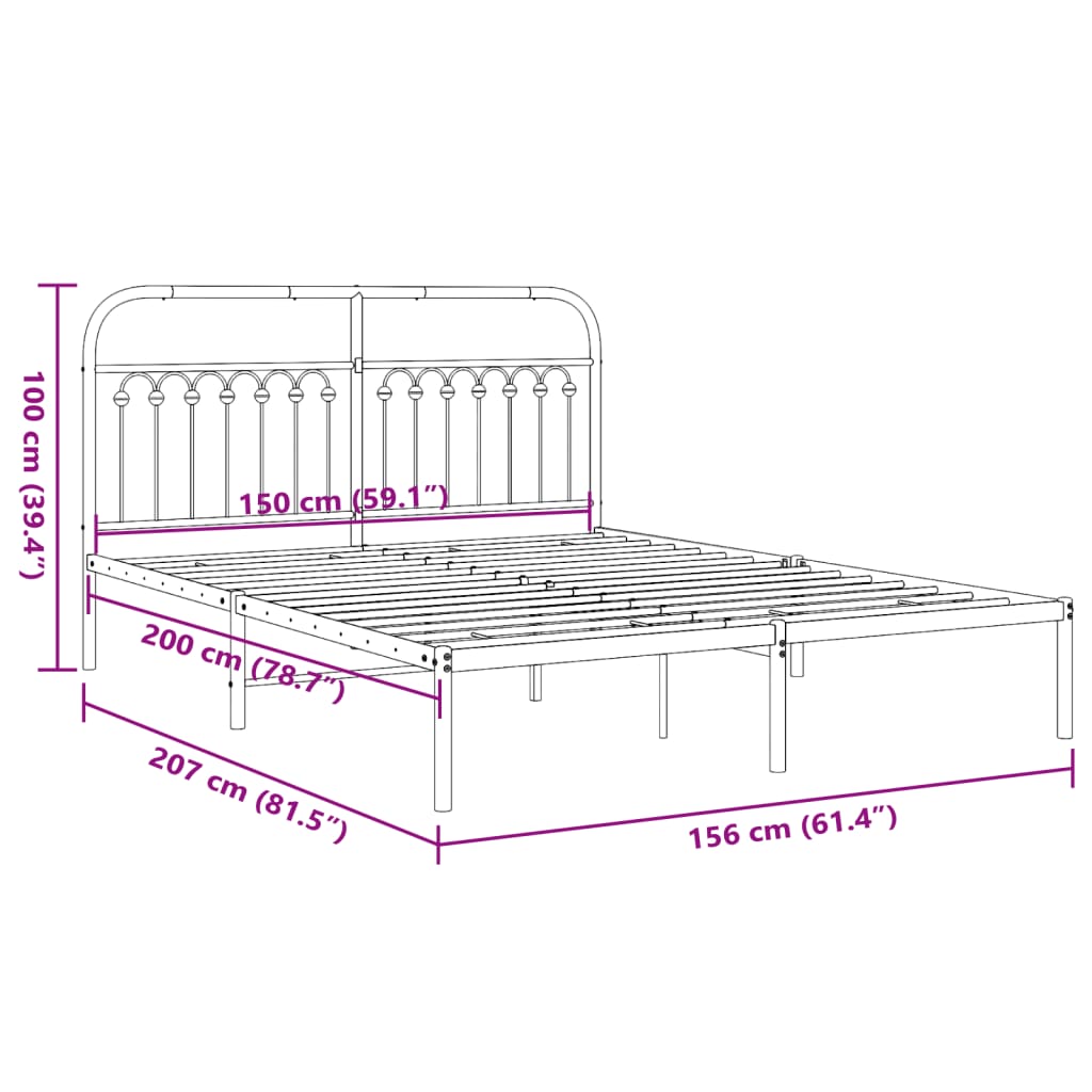 White Metal Bed Frame with Headboard - 150x200cm, No Mattress