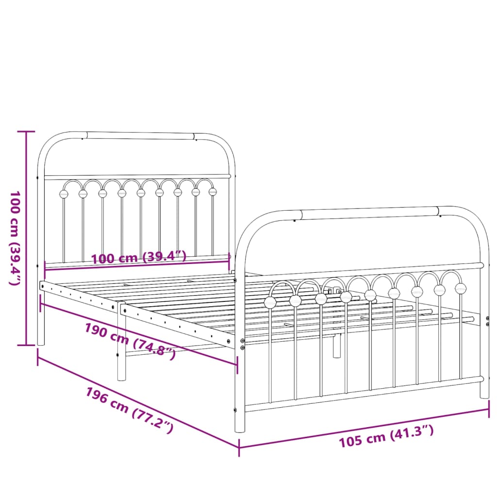 White Metal Bed Frame with Footboard, 100x190cm - No Mattress Included