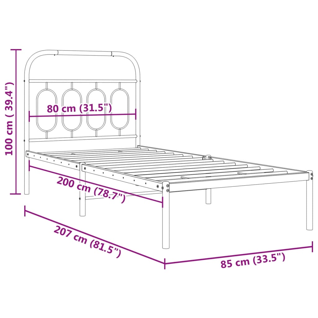 White Metal Bed Frame with Headboard, 80x200cm, No Mattress