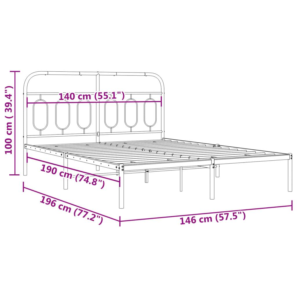 White Metal Bed Frame with Headboard, 140x190cm - No Mattress Included