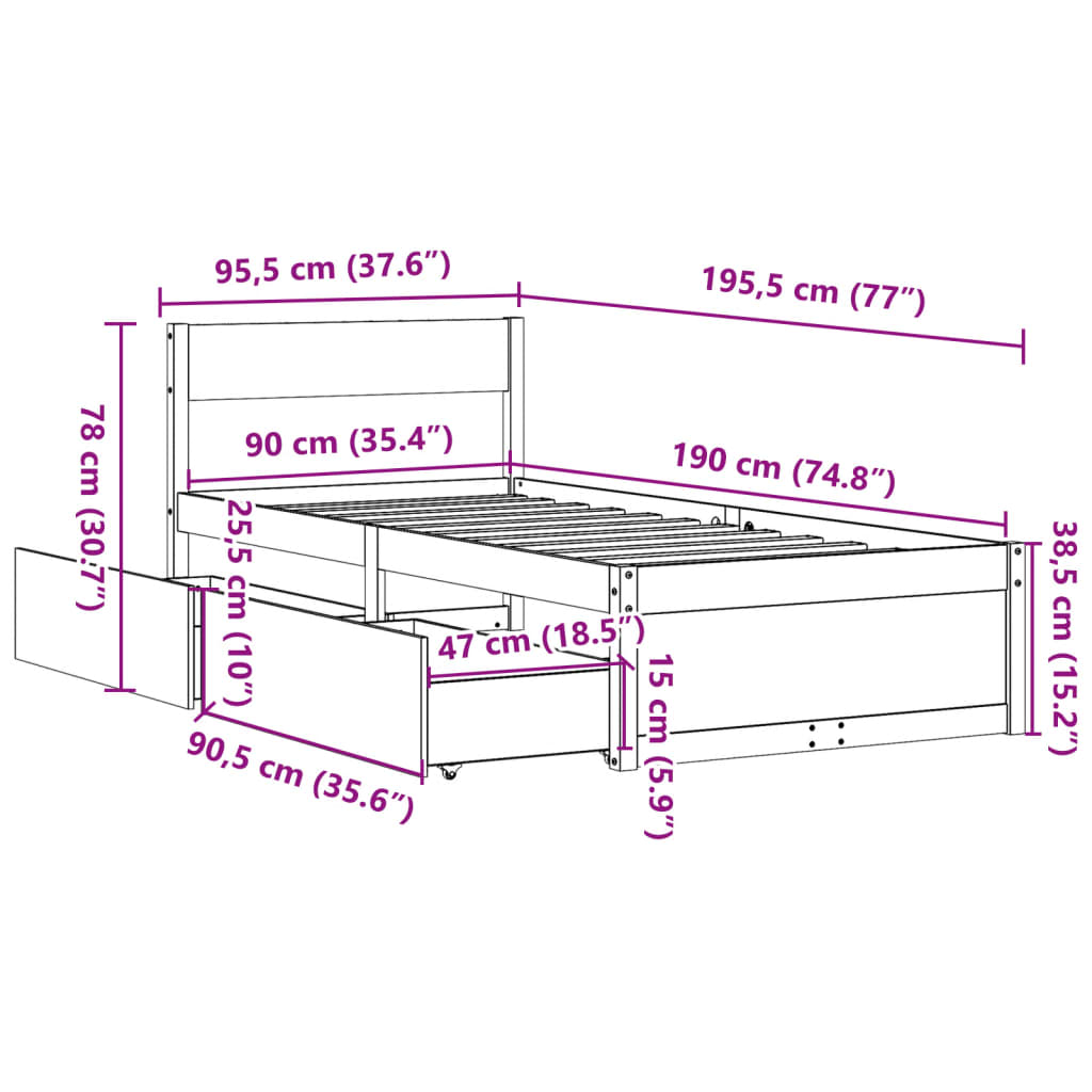 Solid Pine Wood Single Bed Frame, 90x190 cm, Mattress Not Included