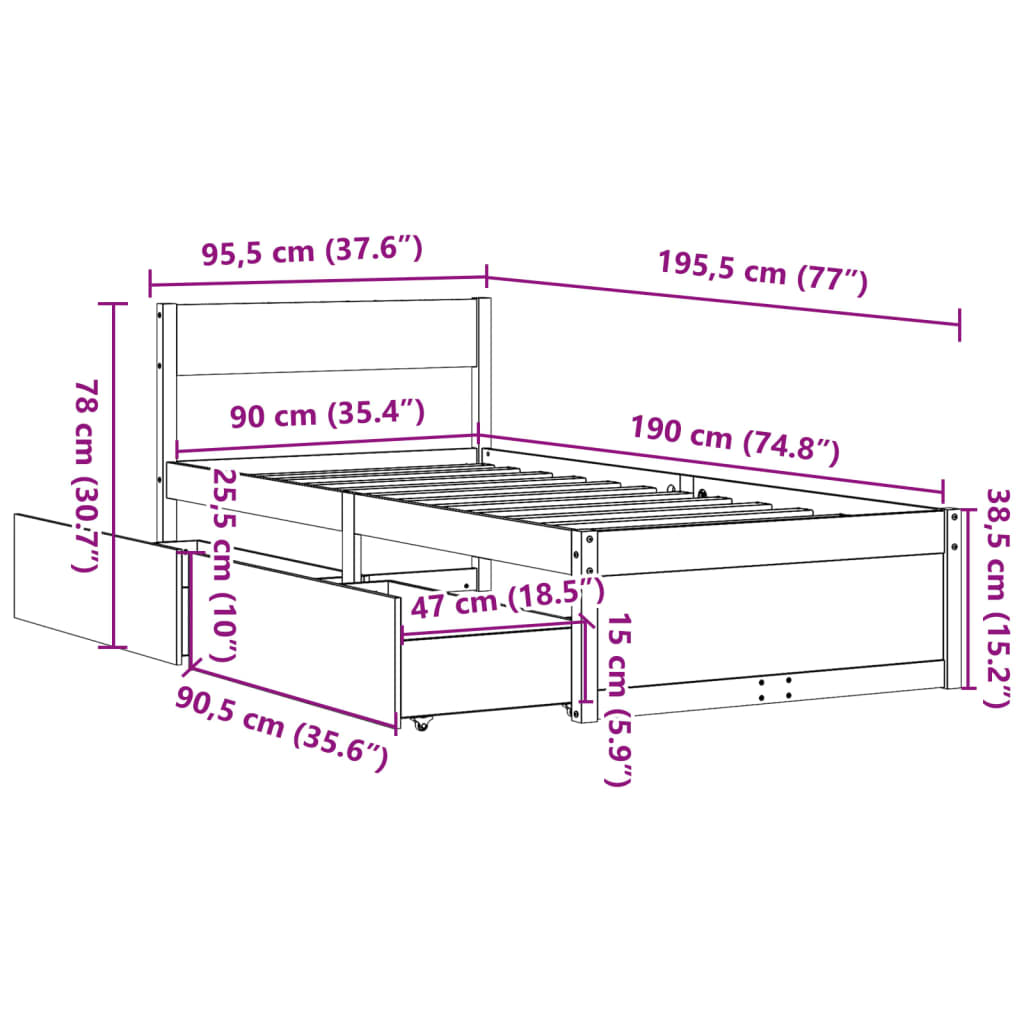 Solid Pine Wood Bed Frame - Wax Brown, Single 90x190 cm