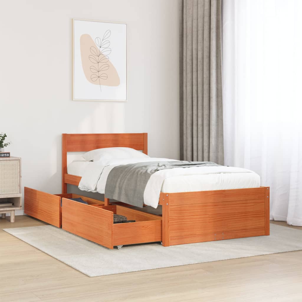 Solid Pine Wood Bed Frame - Wax Brown, Single 90x190 cm