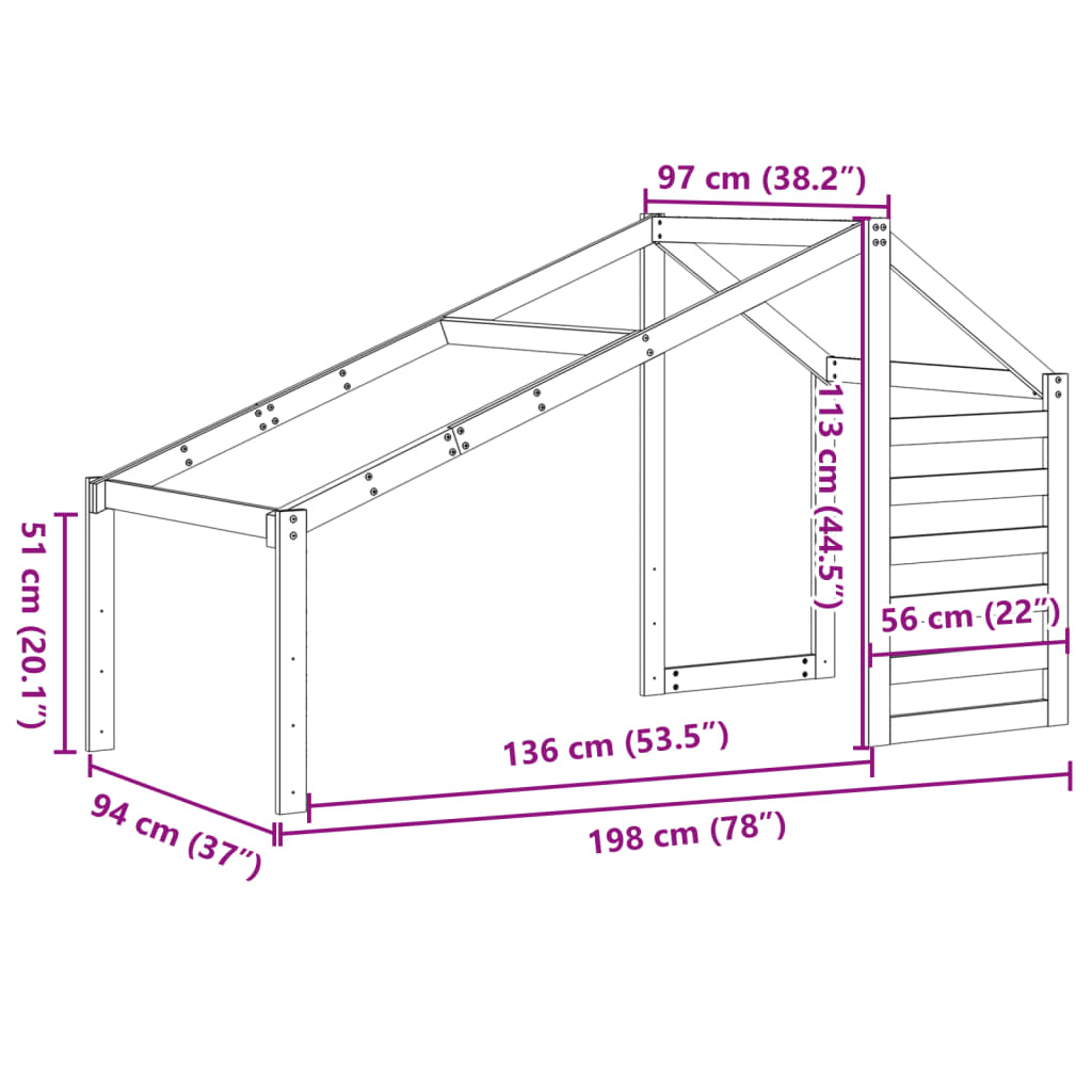 Solid Pine Kids' Bed with Roof in Wax Brown, 198x97x113 cm
