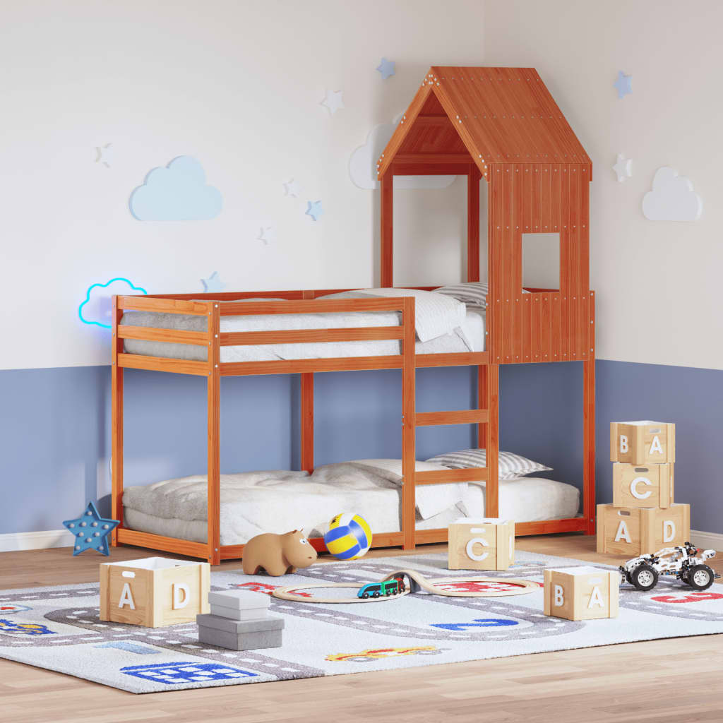 Solid Pine Kids' Bed with Roof - Wax Brown, 60x99x139.5cm