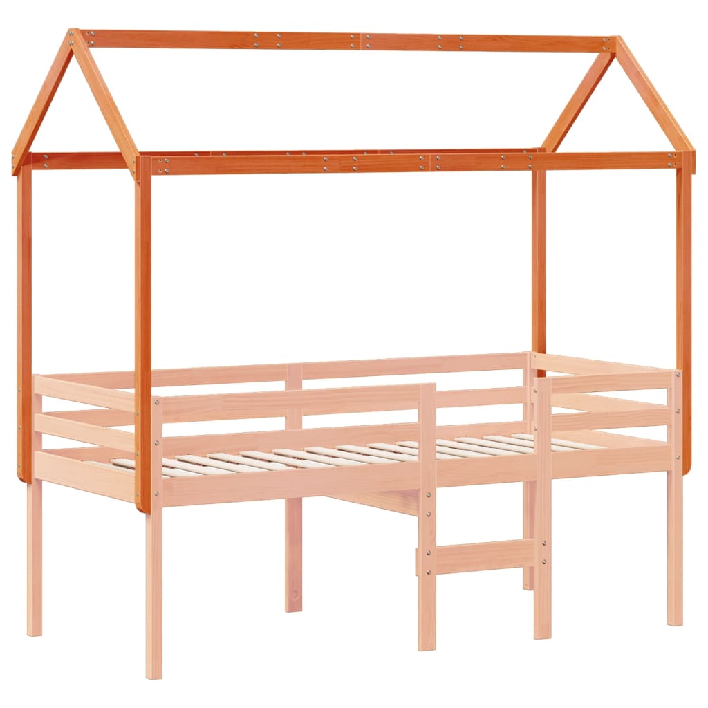 Solid Wood Pine Kids' Bed with Roof - Wax Brown, 217x96x159 cm