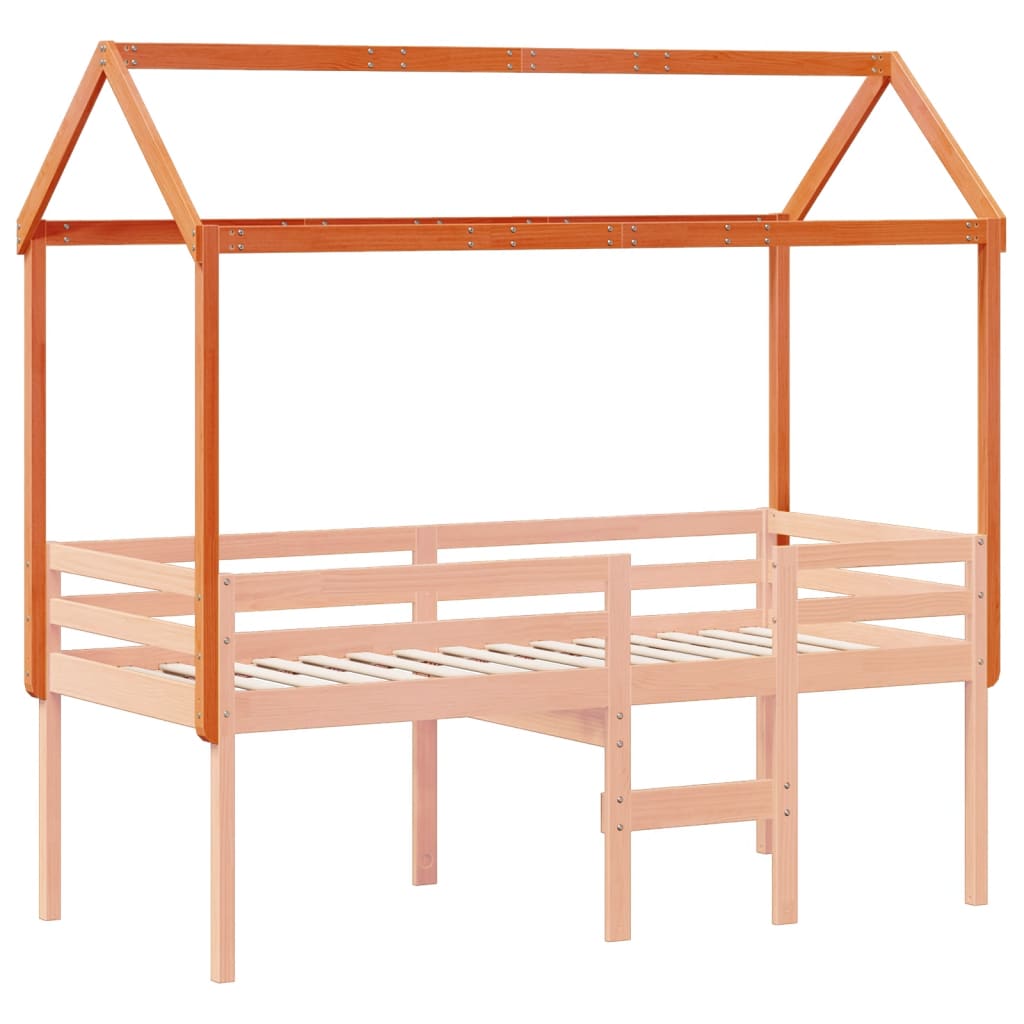 Solid Wood Pine Kids' Bed with Roof - Wax Brown, 207x80.5x151.5 cm