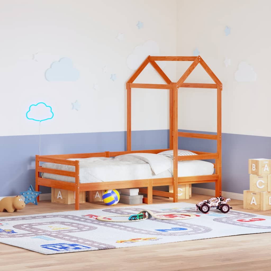 Solid Pine Kids' Bed with Roof, Wax Brown, 98x70x176.5 cm