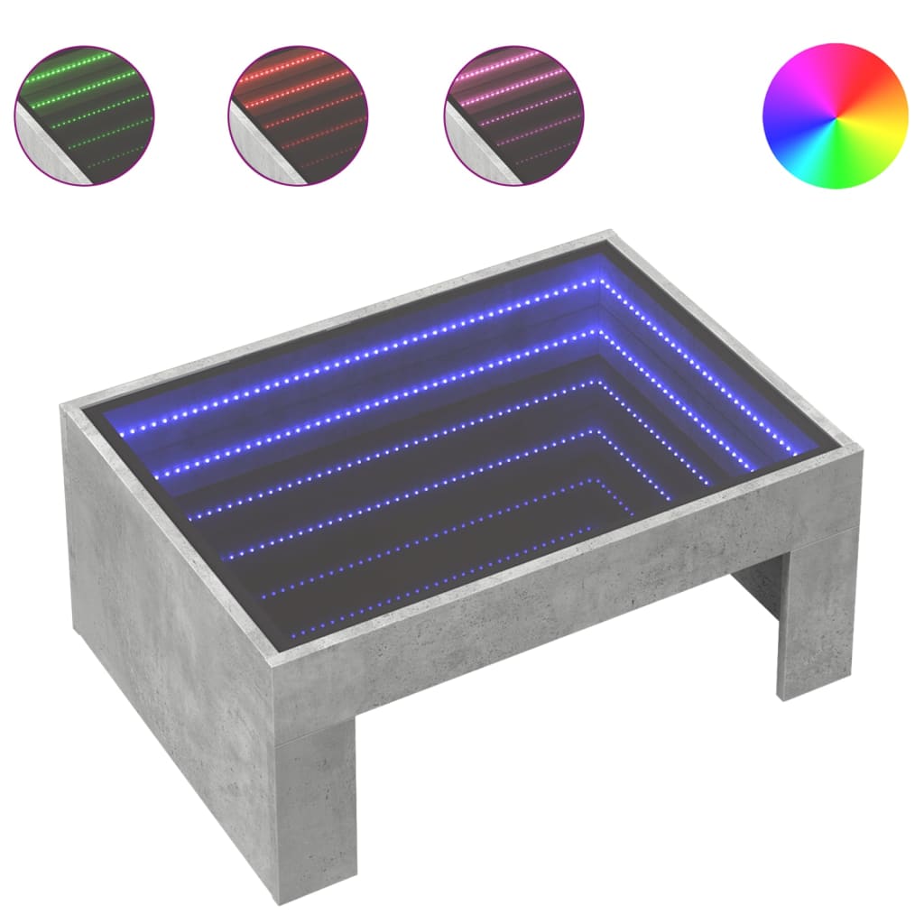 Coffee Table with Infinity LED Concrete Grey 70x50x30 cm