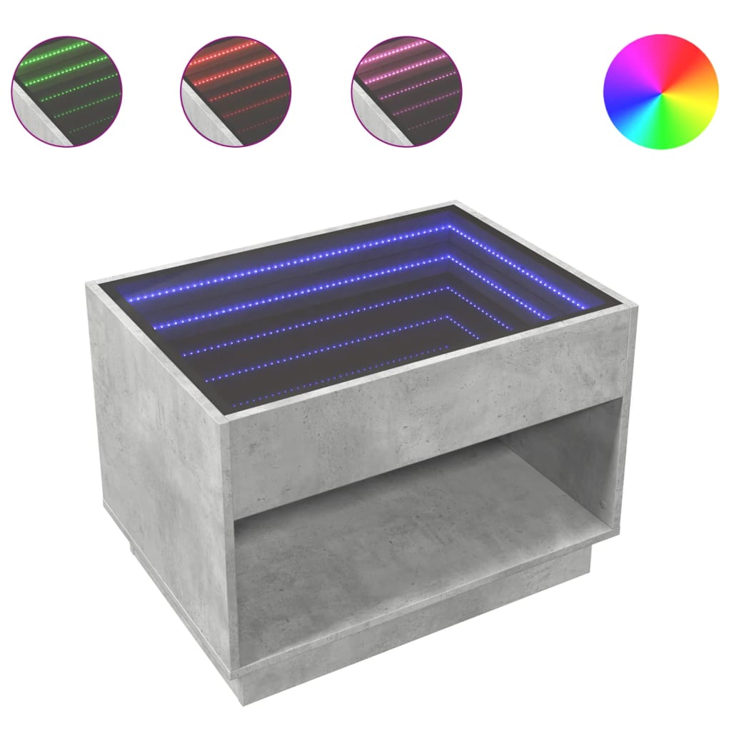 Coffee Table with Infinity LED Concrete Grey 70x50x50 cm