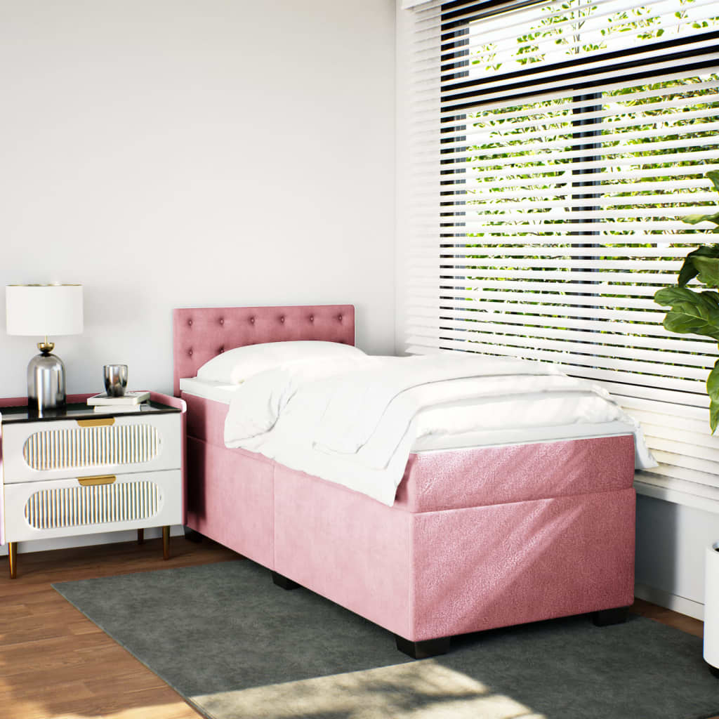 Pink Velvet Box Spring Bed with Mattress - 80x200 cm
