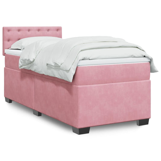 Pink Velvet Box Spring Bed with Mattress - 80x200 cm