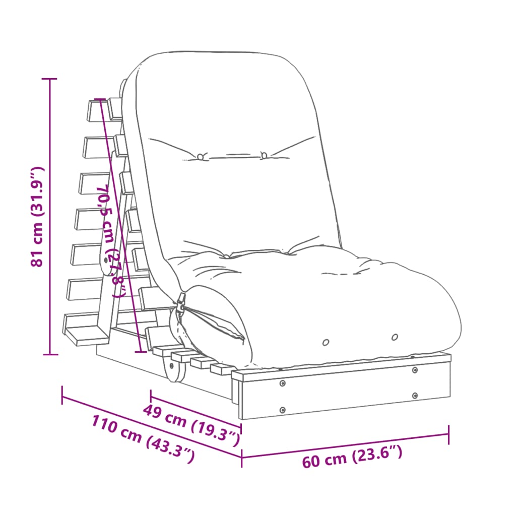 White Solid Wood Pine Futon Sofa Bed with Mattress, 60x206x11 cm