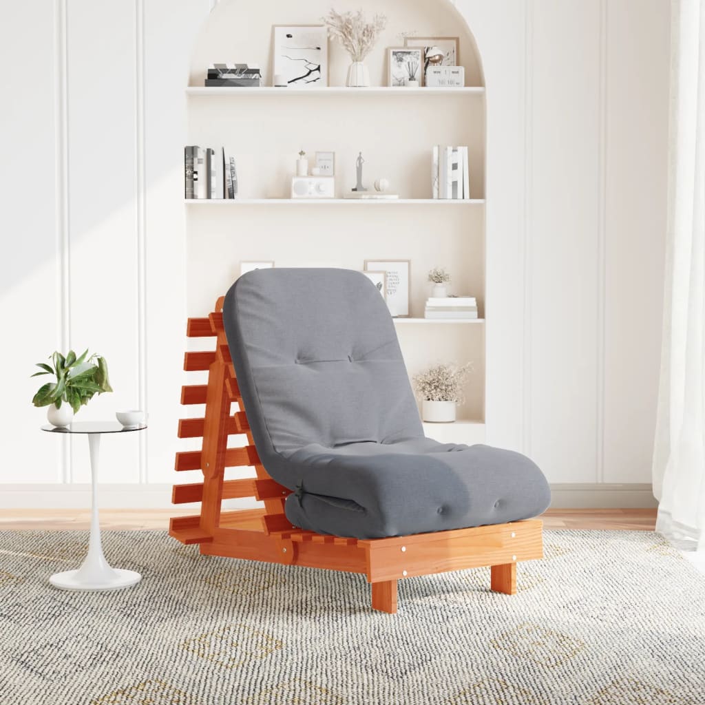 Wax Brown Pine Futon Sofa Bed with Mattress - 60x206x11 cm