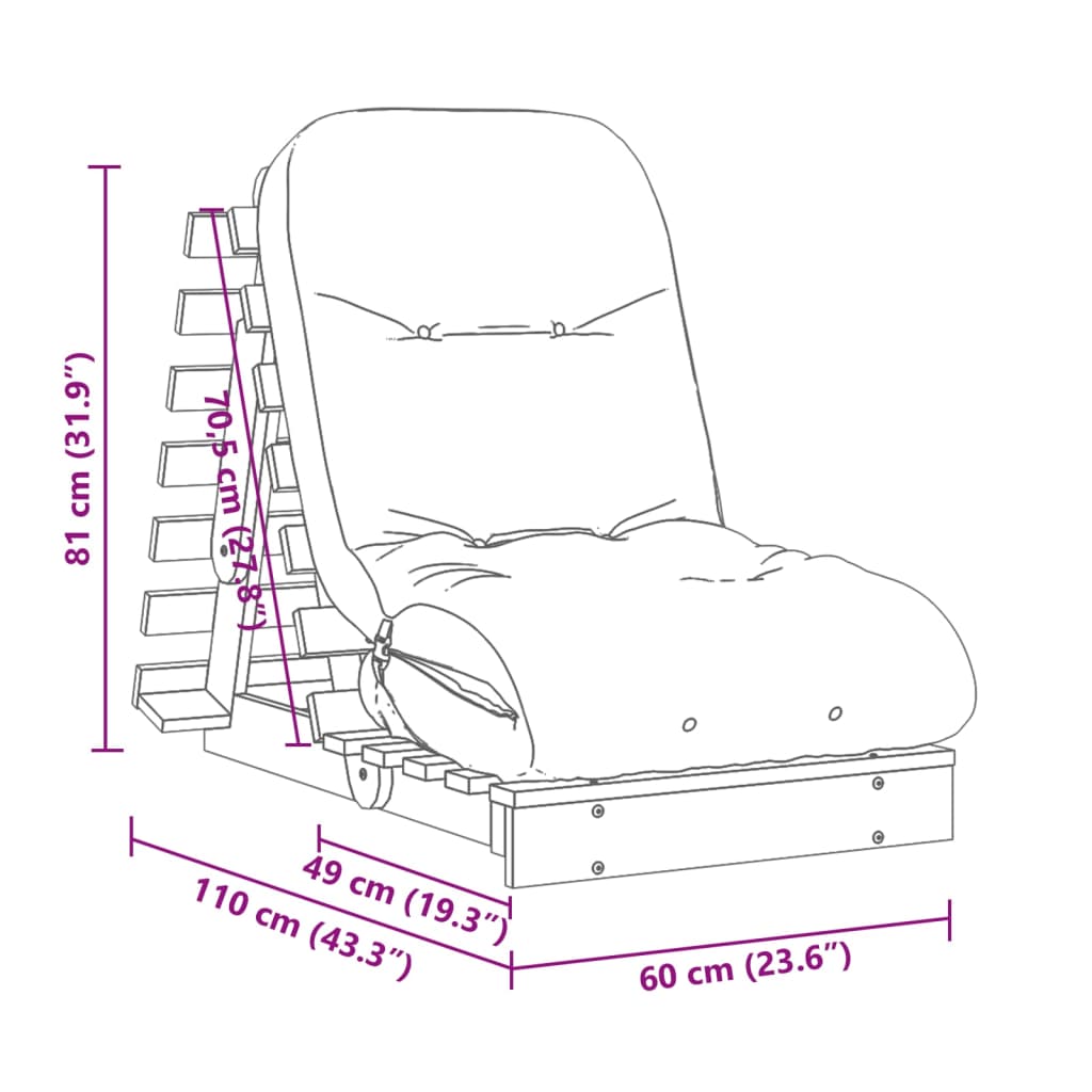 Pine Wood Futon Sofa Bed with Mattress - 60x206x11 cm