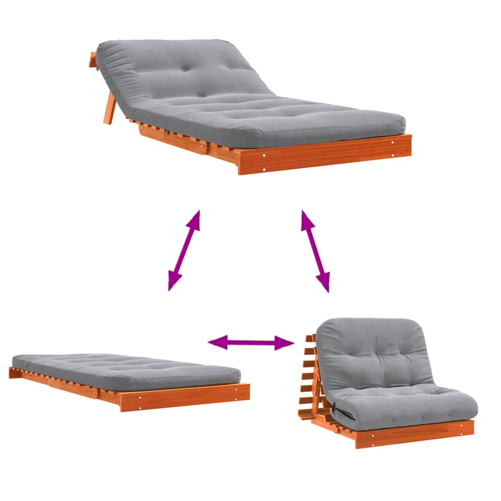 Wax Brown Solid Pine Futon Sofa Bed with Mattress 100x206x11 cm