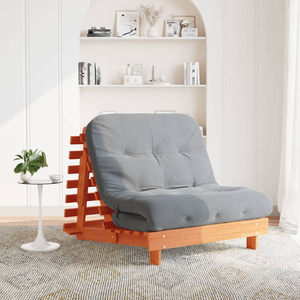 Wax Brown Solid Pine Futon Sofa Bed with Mattress 100x206x11 cm