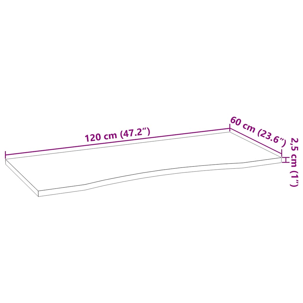 Solid Oak Rectangular Desktop, 120x60x2.5 cm, Untreated Finish