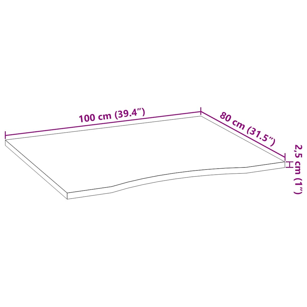 Solid Oak Rectangular Desktop 100x80x2.5 cm - Untreated Wood