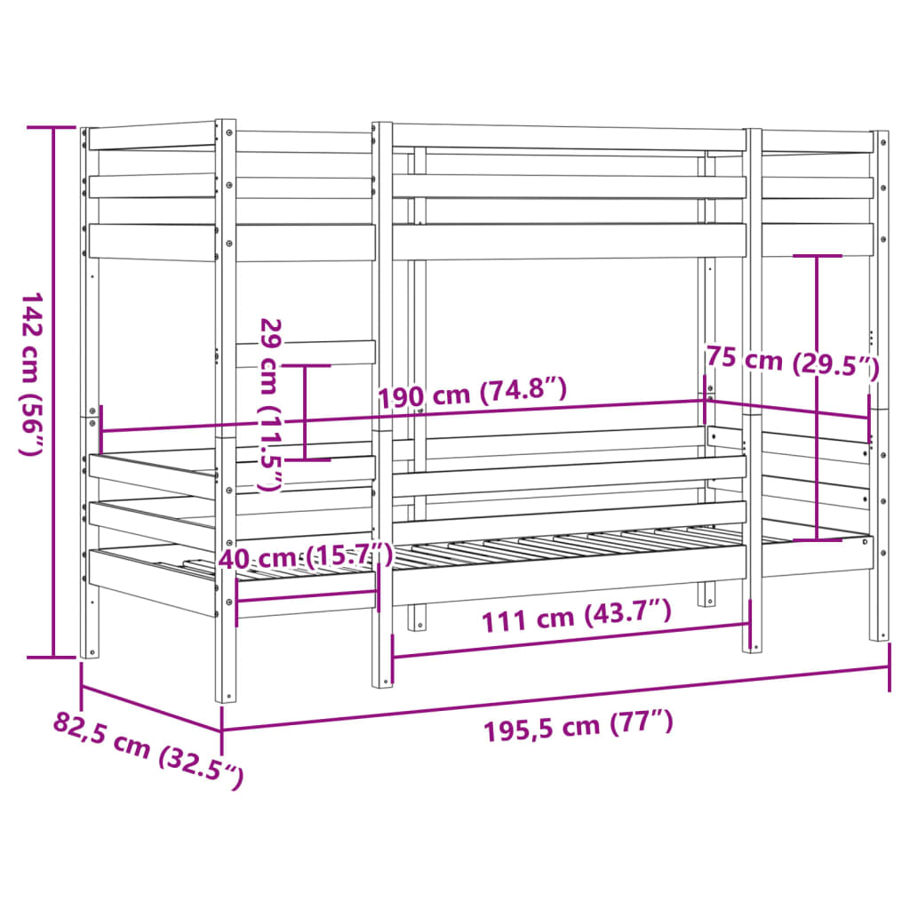 White Solid Pine Bunk Bed Frame 75x190 cm - Small Single