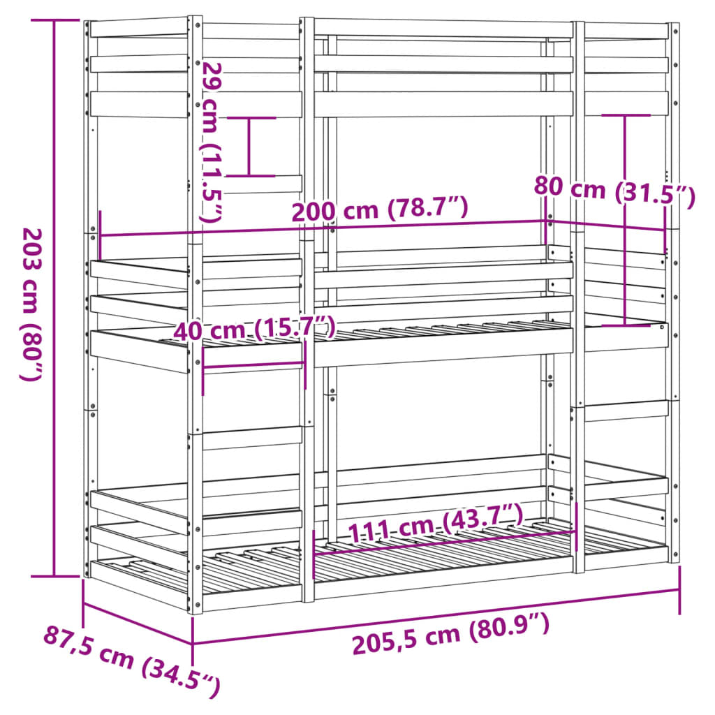 Solid Pine Triple Bunk Bed 80x200 cm - No Mattress Included