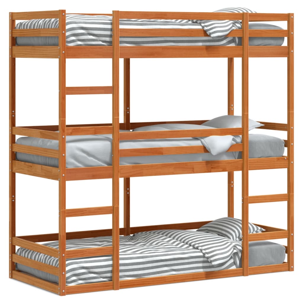 Solid Pine Wax Brown Triple Bunk Bed Frame 90x200 cm
