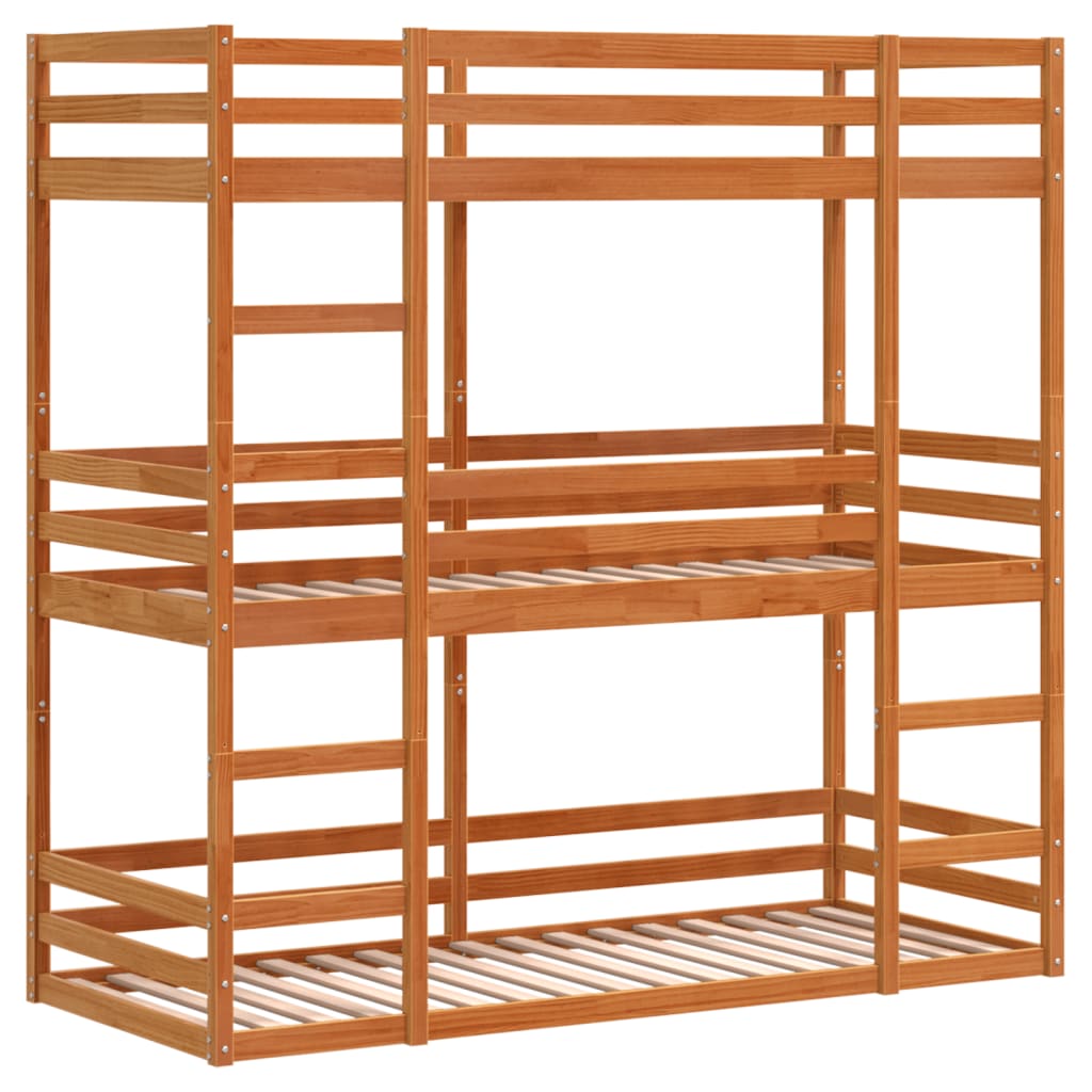 Solid Pine Wax Brown Triple Bunk Bed Frame 90x200 cm