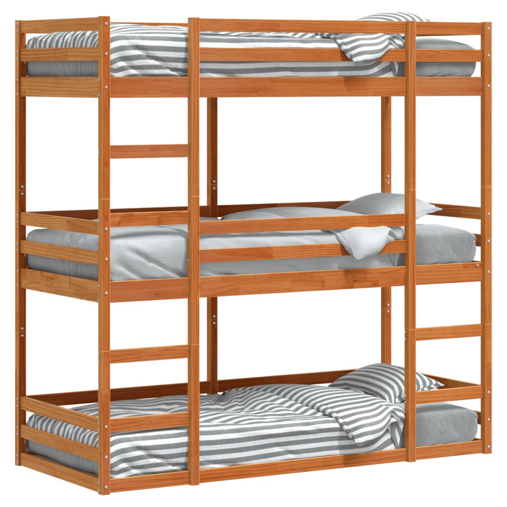 Solid Pine Wax Brown Triple Bunk Bed Frame 90x200 cm