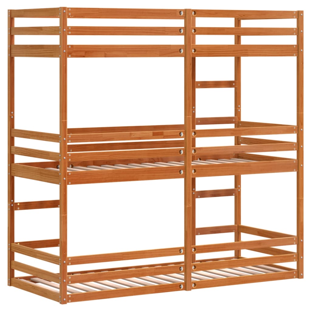 Solid Pine Wax Brown Triple Bunk Bed Frame 90x200 cm
