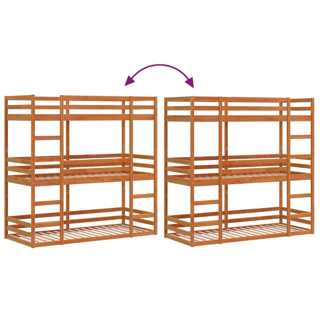 Solid Pine Wax Brown Triple Bunk Bed Frame 90x200 cm