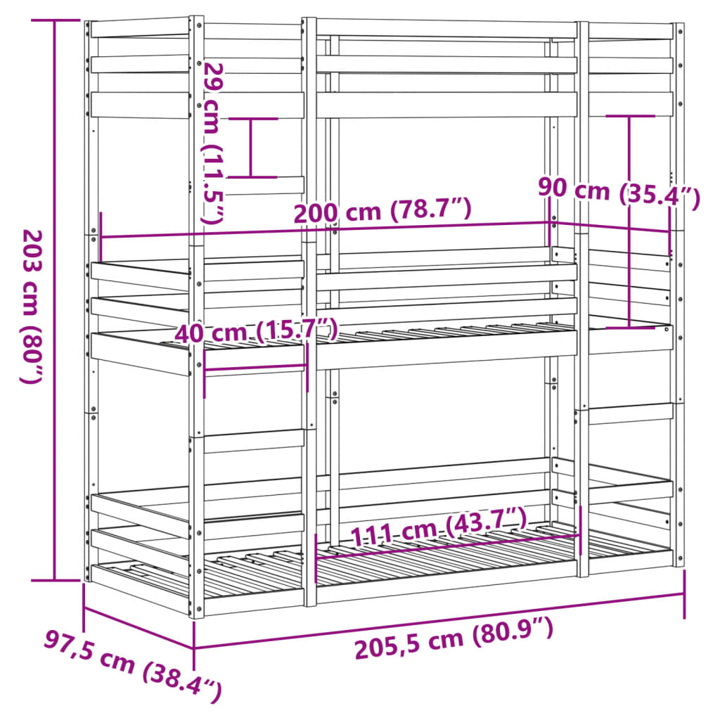 Solid Pine Wax Brown Triple Bunk Bed Frame 90x200 cm