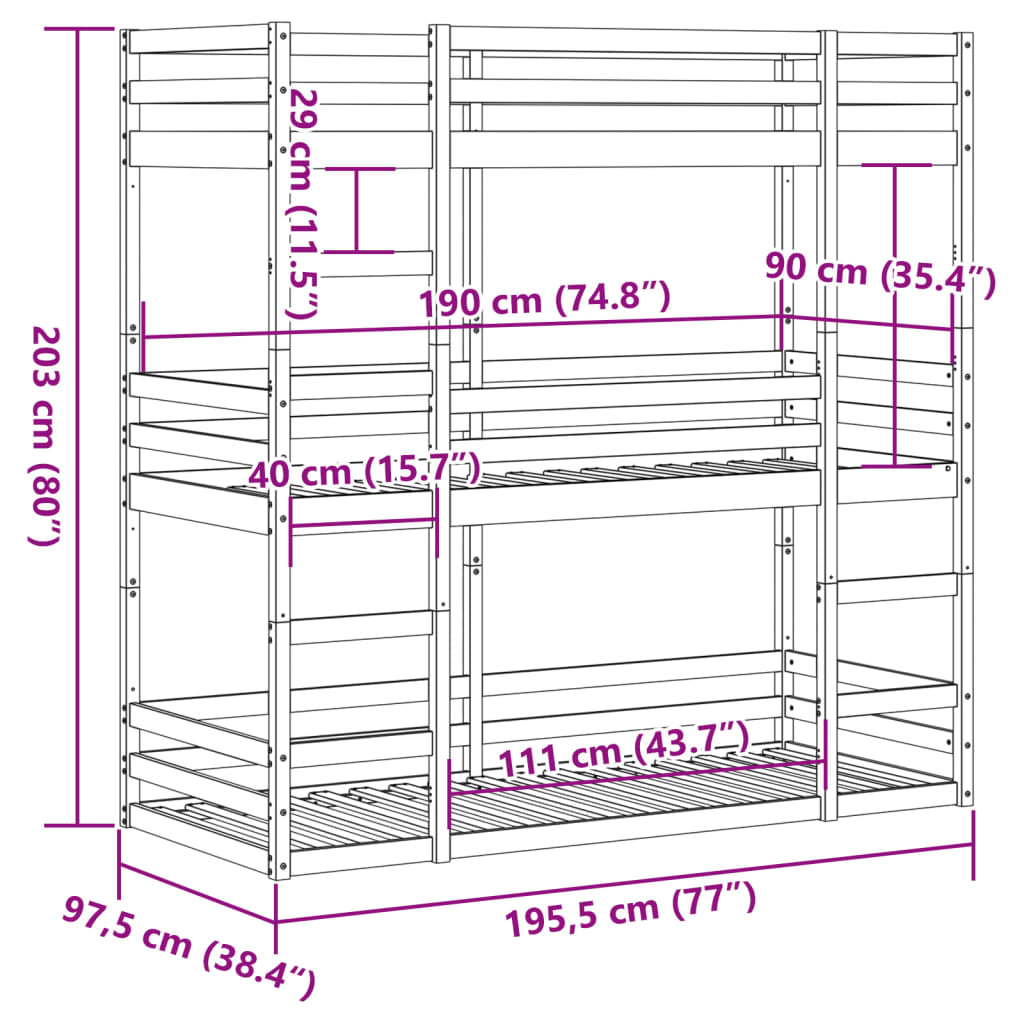 Triple Bunk Bed White Solid Wood Pine 90x190 cm (Mattress Not Included)