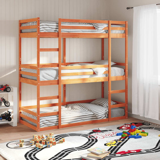 Wax Brown Solid Pine Triple Bunk Bed 90x190 cm - No Mattress Included
