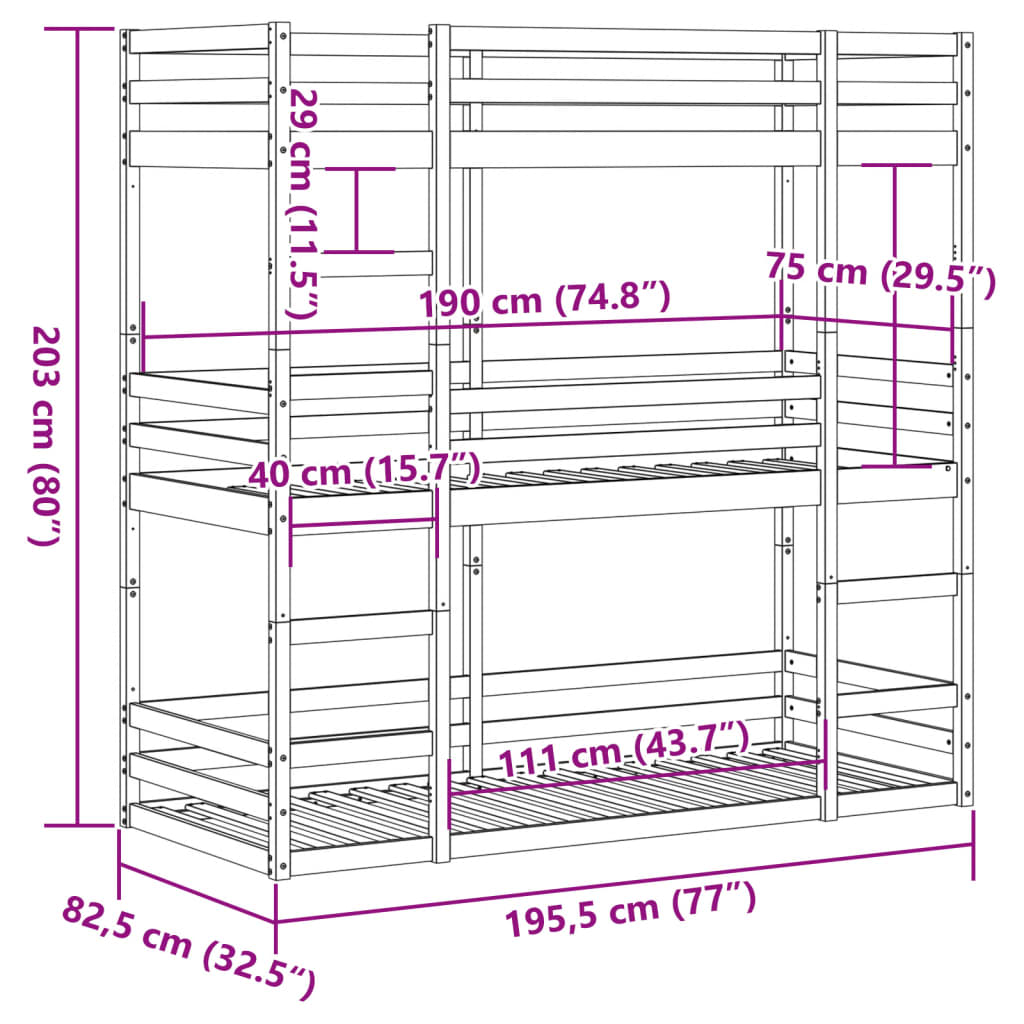 Solid Pine Triple Bunk Bed White 75x190 cm - No Mattress Included