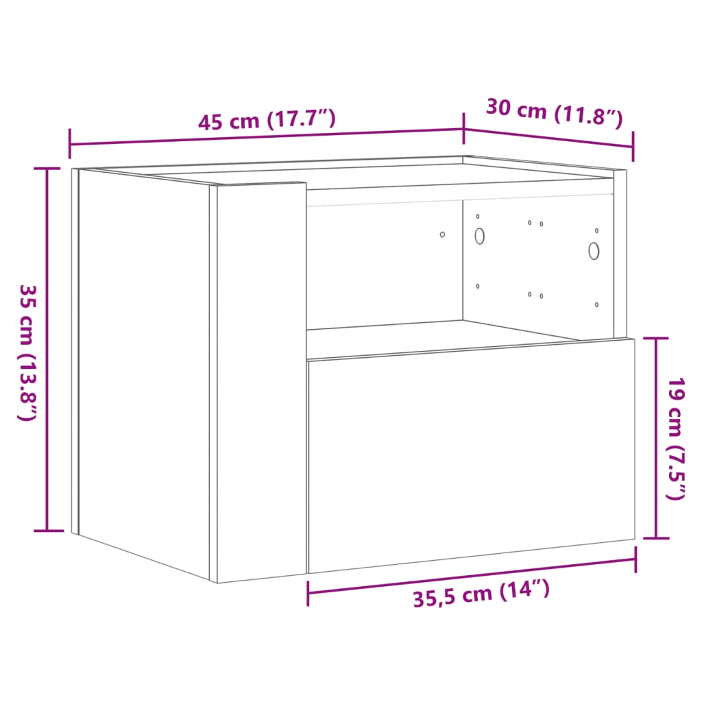 Smoked Oak Wall-Mounted Bedside Cabinet - 45x30x35 cm