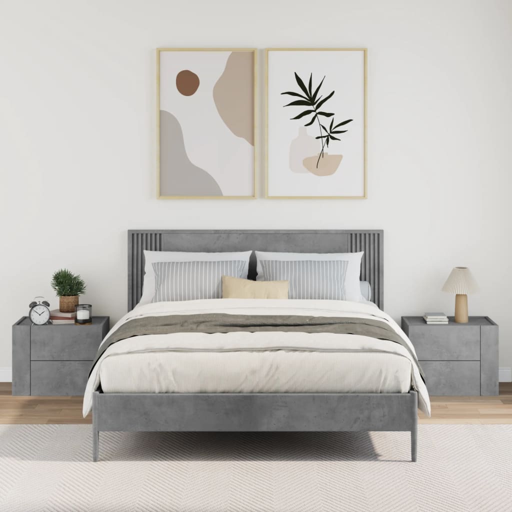 Concrete Grey Wall-Mounted Bedside Cabinets Set of 2 - 45x30x35 cm