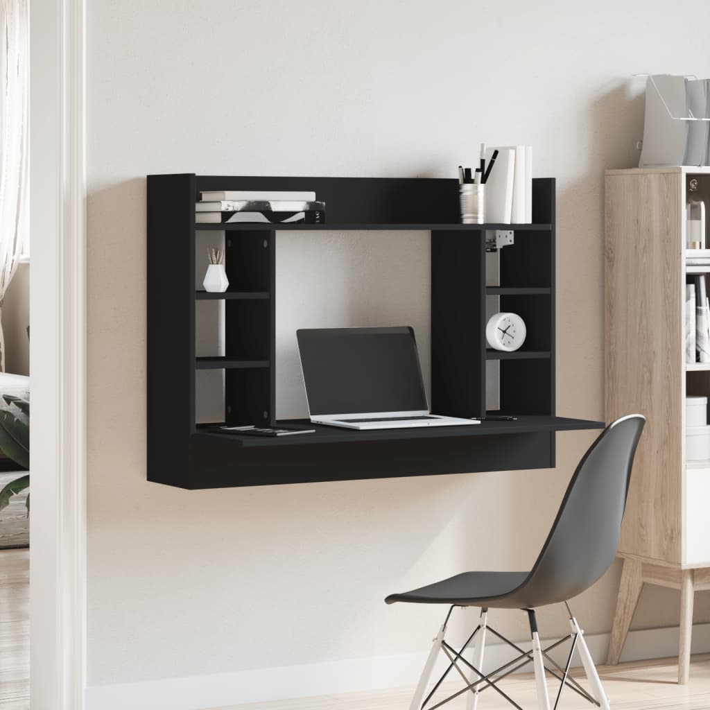 Sleek Black Wall-Mounted Desk, Engineered Wood 105x48x75 cm