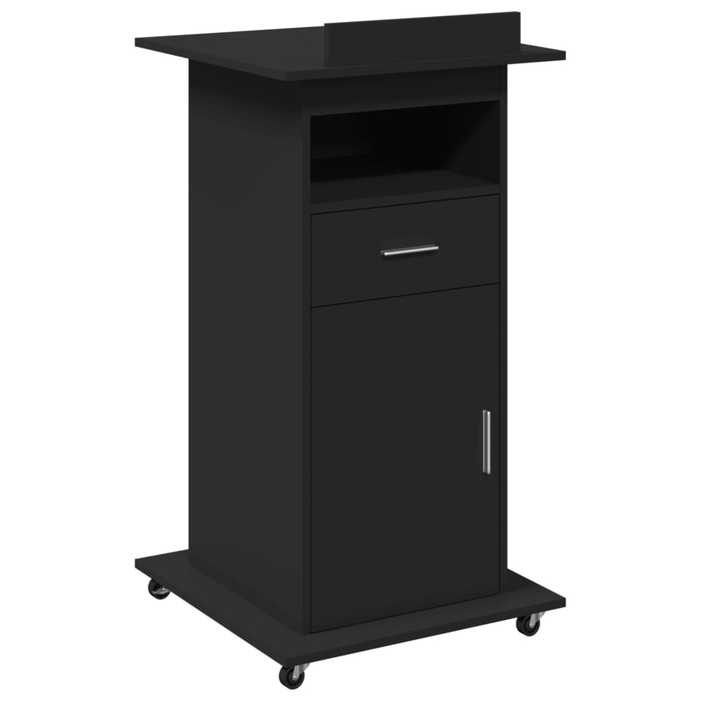 Black Engineered Wood Lectern with Wheels & Drawer, 55x55x107 cm