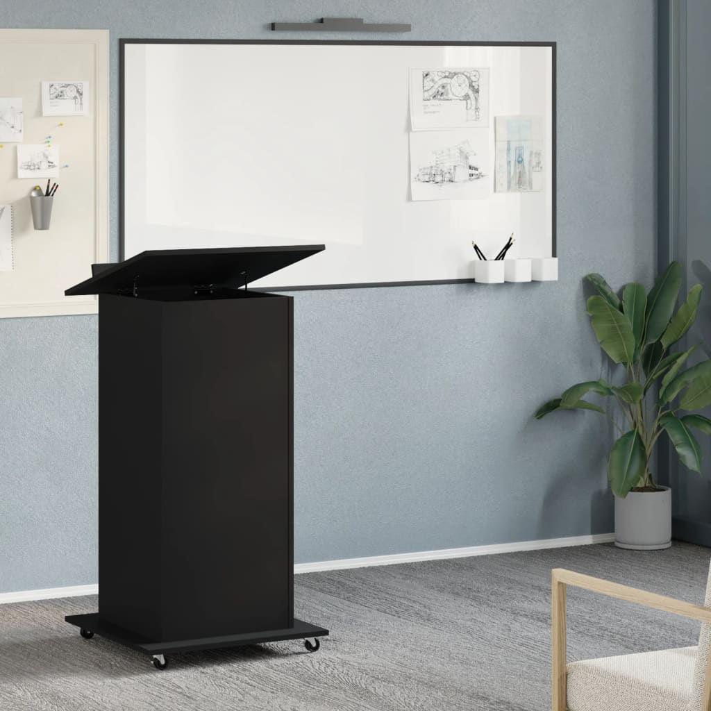 Black Engineered Wood Lectern with Wheels & Drawer, 55x55x107 cm
