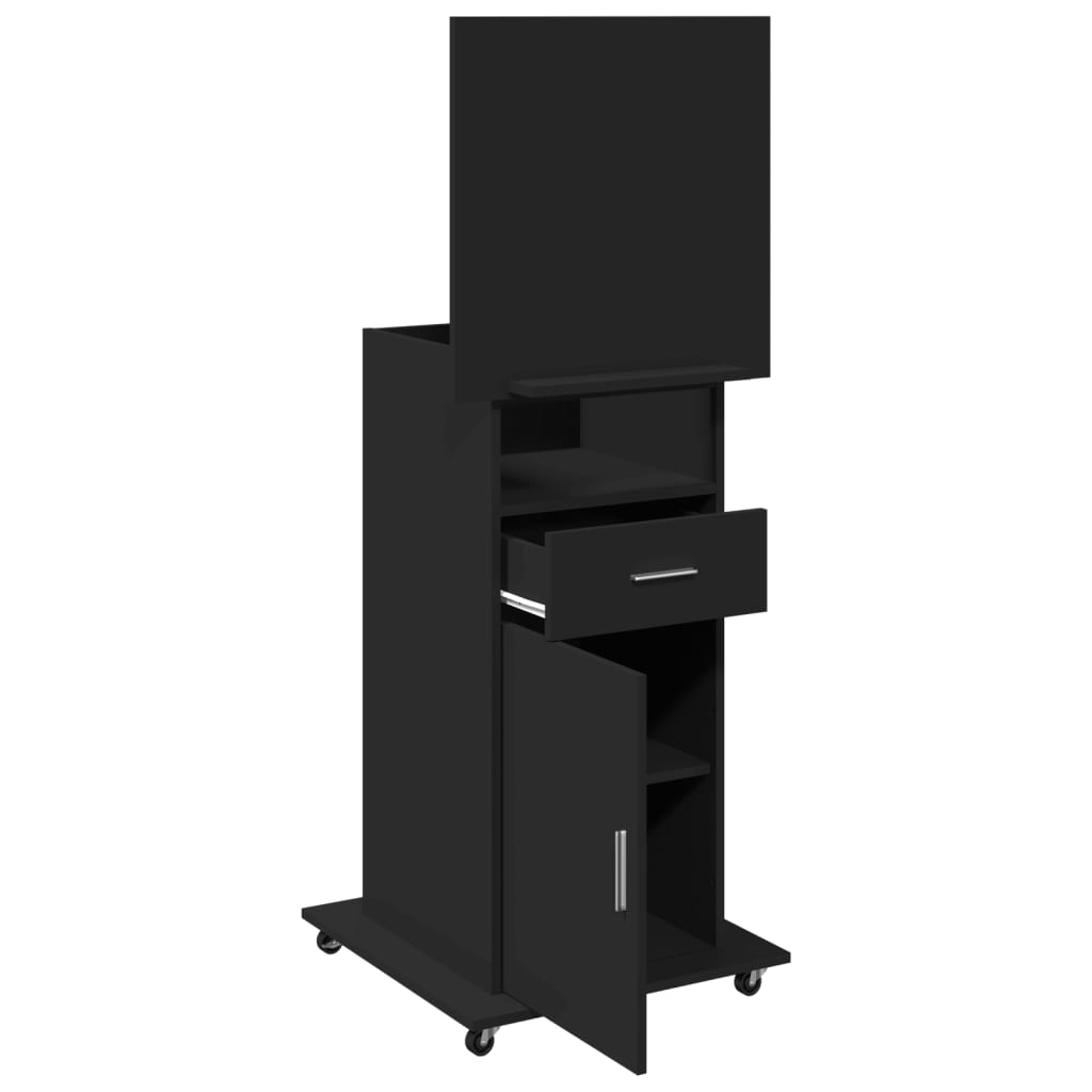 Black Engineered Wood Lectern with Wheels & Drawer, 55x55x107 cm