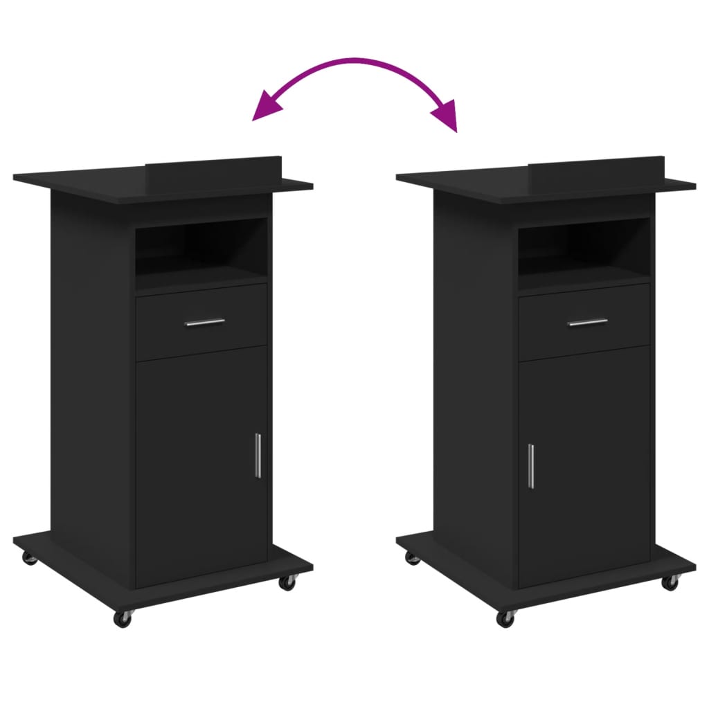 Black Engineered Wood Lectern with Wheels & Drawer, 55x55x107 cm