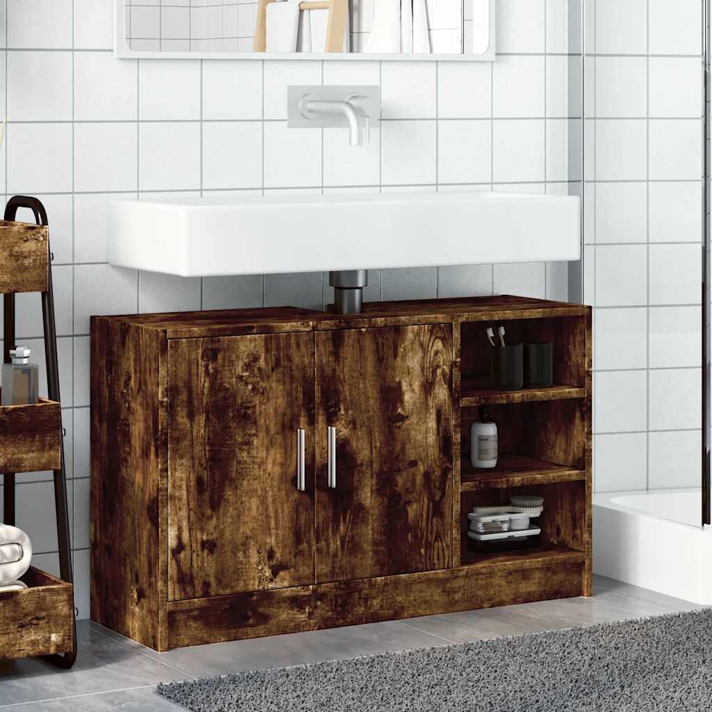 Smoked Oak Sink Cabinet, 90x29x55 cm - Engineered Wood Storage